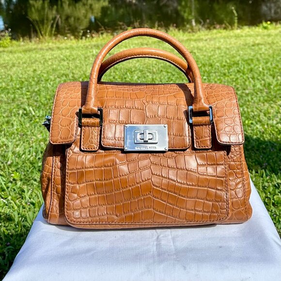 MICHAEL Michael Kors Sloan Croc Embossed Mocha Leather Silver Shoulder Satchel - Picture 1 of 15